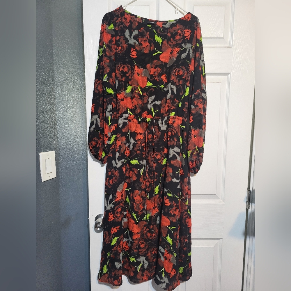 Floral Black and Red Long Sleeve Dress